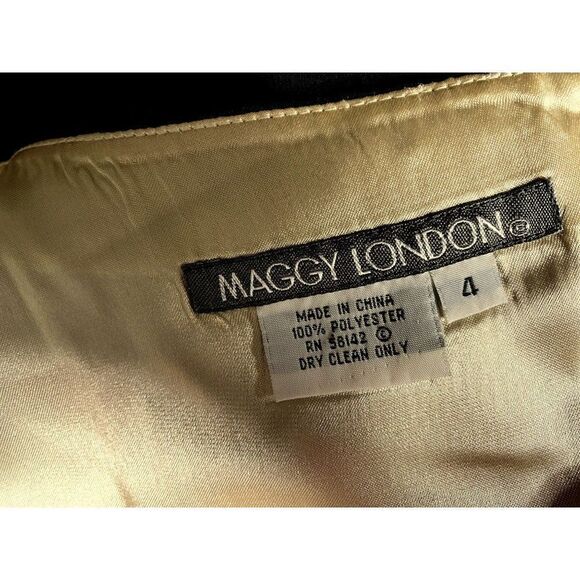 Maggie London Classic LBD Black Sheath Dress Sz 4 Gold Satin Lined 10" Side Slit - Picture 7 of 7